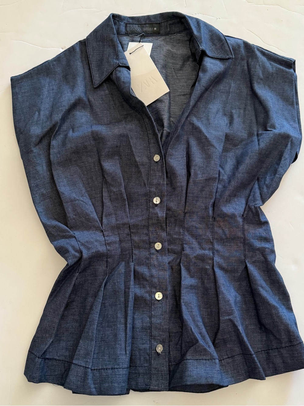 ZARA Navy Button-Front Pleated Short-Sleeve Shirt